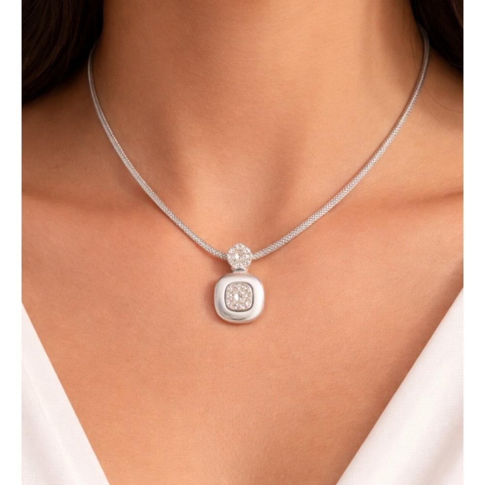 Swarovski Silver Mesh Necklace w/ Pave Crystal Cushion Pendant  Swan Logo  16–18